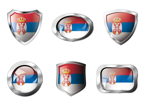 Serbia set shiny buttons and shields of flag with metal frame - — Stock Vector