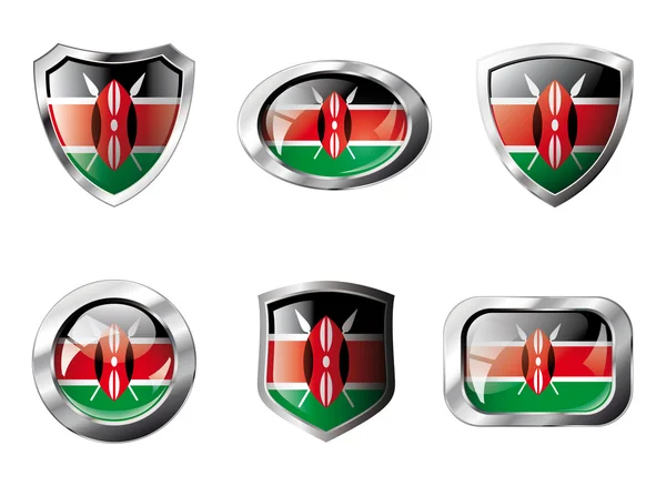 Kenya set shiny buttons and shields of flag with metal frame - v — Stock Vector