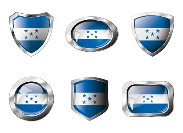Honduras set botones brillantes y escudos de bandera con marco de metal — Archivo Imágenes Vectoriales