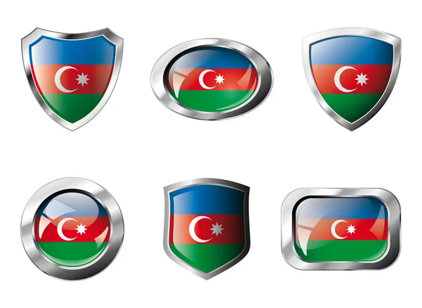 Ázerbájdžán sada lesklých tlačítek a štíty vlajky s kovovou fram — Stockový vektor