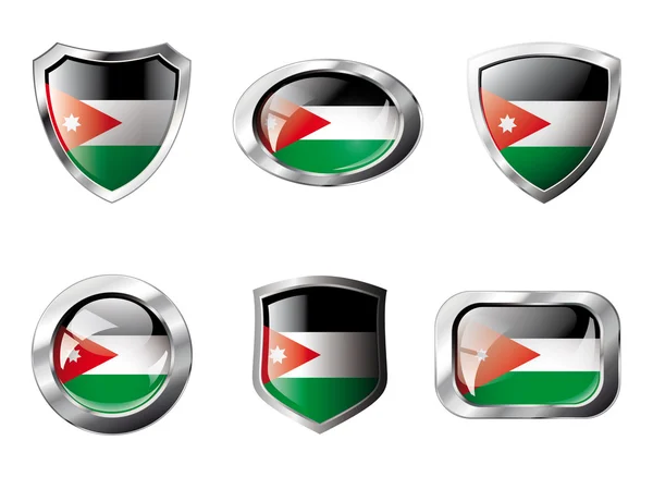 Jordan set shiny buttons and shields of flag with metal frame - — Stock Vector