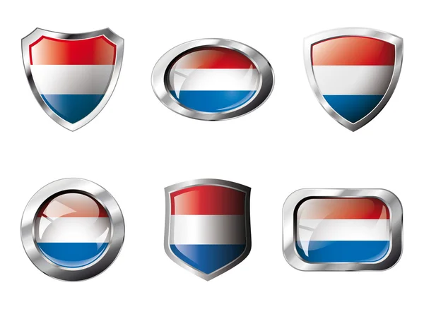 Holland set shiny buttons and shields of flag with metal frame - — Stock Vector