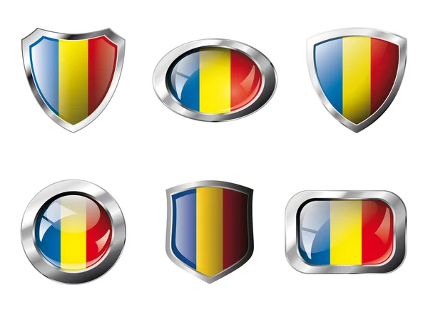 罗马尼亚设置闪亮的按钮和盾牌的旗帜与金属框架 - — 图库矢量图片