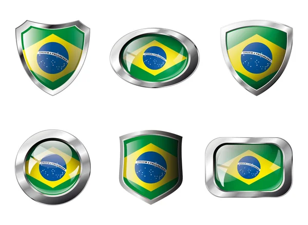 stock vector Brazil set shiny buttons and shields of flag with metal frame -