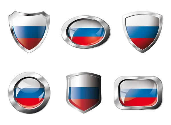 Russia set shiny buttons and shields of flag with metal frame - — Stock Vector