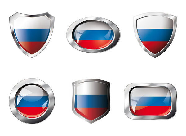 Russia set shiny buttons and shields of flag with metal frame -