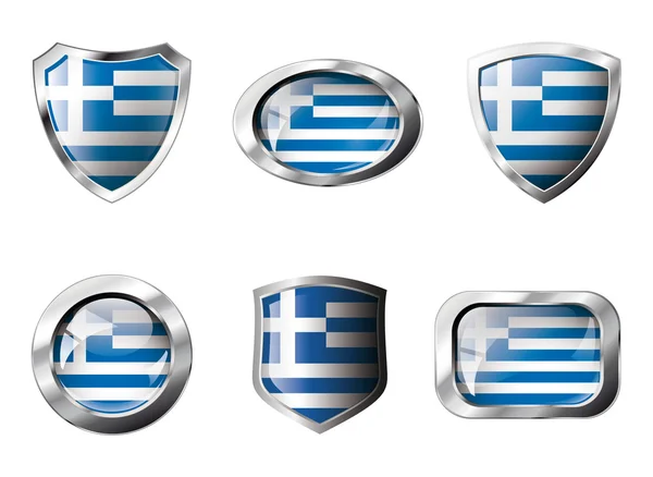 stock vector Greece set shiny buttons and shields of flag with metal frame -