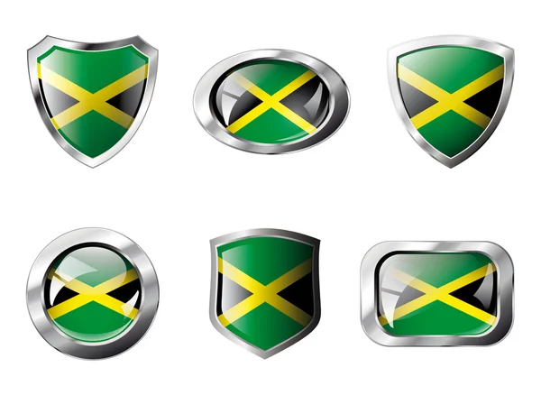 Jamaica set shiny buttons and shields of flag with metal frame - — Stock Vector