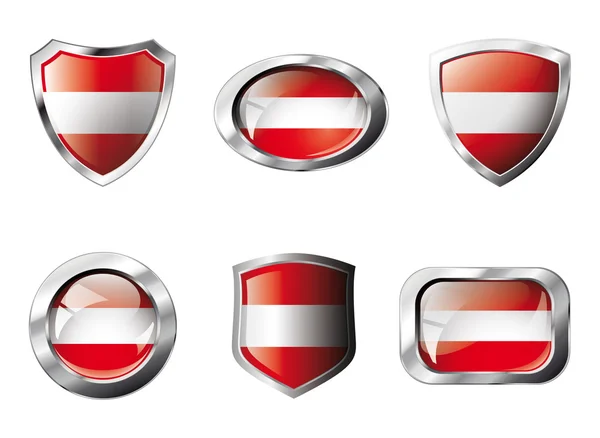 오스트리아 는 금속 프레임과 국기의 빛나는 버튼과 방패를 설정 - — 스톡 벡터