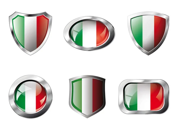 Italy set shiny buttons and shields of flag with metal frame - v — Stock Vector