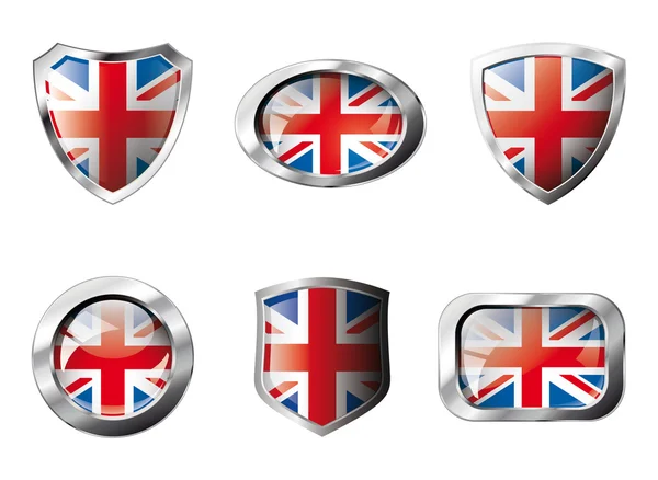 Great britain impostare pulsanti lucidi e scudi di bandiera con metallo f — Vettoriale Stock