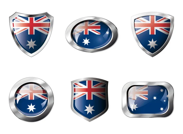 Australia set shiny buttons and shields of flag with metal frame — Stock Vector