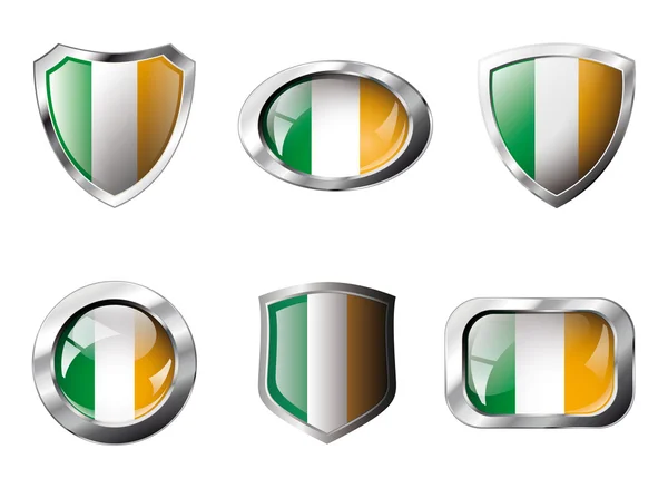 Irlandia zestaw błyszczące guziki i tarcze flagi z metalową ramą - — Wektor stockowy
