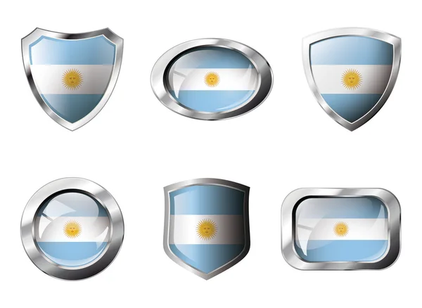 Argentina set shiny buttons and shields of flag with metal frame — Stock Vector