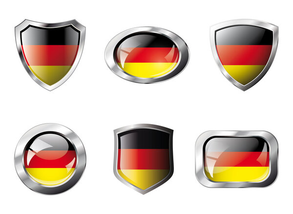 Germany set shiny buttons and shields of flag with metal frame -