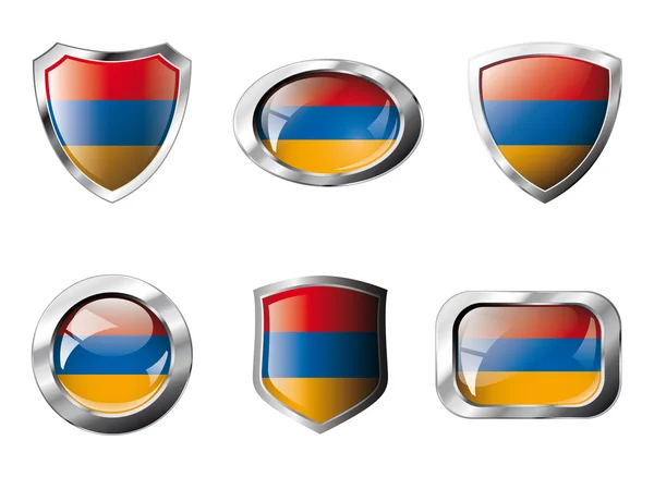 아르메니아는 금속 프레임 플래그의 빛나는 버튼과 방패를 설정 - — 스톡 벡터