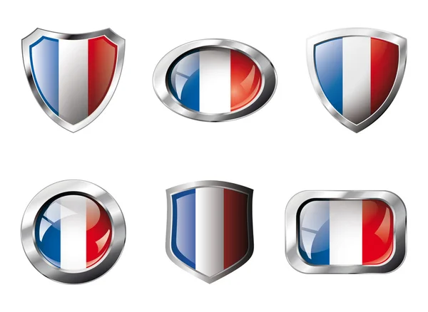 Francia establece botones brillantes y escudos de bandera con marco de metal  - — Vector de stock
