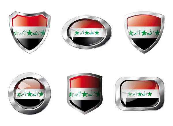 Iraq set shiny buttons and shields of flag with metal frame - ve — Stock Vector