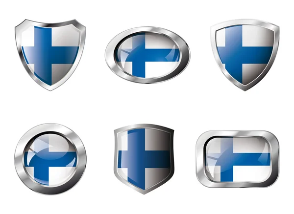 Finlandia establece botones brillantes y escudos de bandera con marco de metal  - — Vector de stock