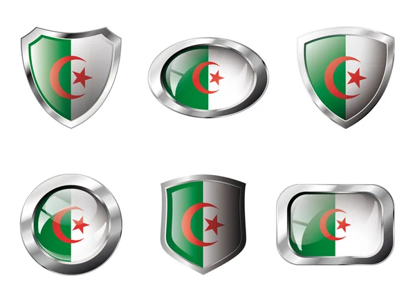 Argelia set botones brillantes y escudos de bandera con marco de metal  - — Archivo Imágenes Vectoriales