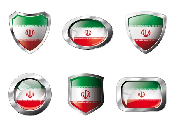 Iran set shiny buttons and shields of flag with metal frame - ve — Stock Vector