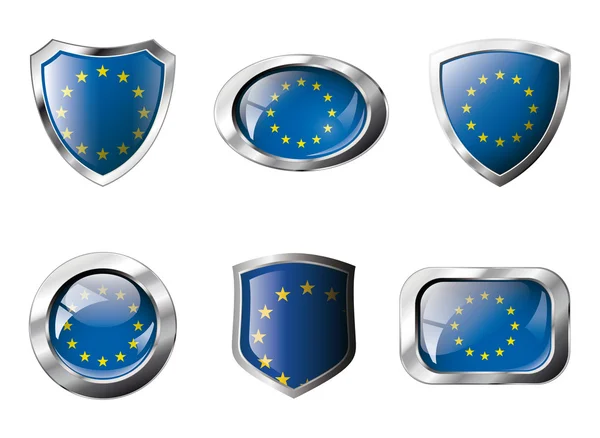 Stock vector Europe union set shiny buttons and shields of flag with metal fr