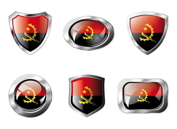Angola set shiny buttons and shields of flag with metal frame - — Stock Vector