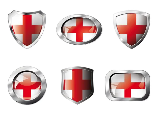 England set shiny buttons and shields of flag with metal frame - — Stock Vector
