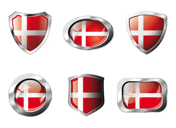 Denmark set shiny buttons and shields of flag with metal frame - — Stock Vector