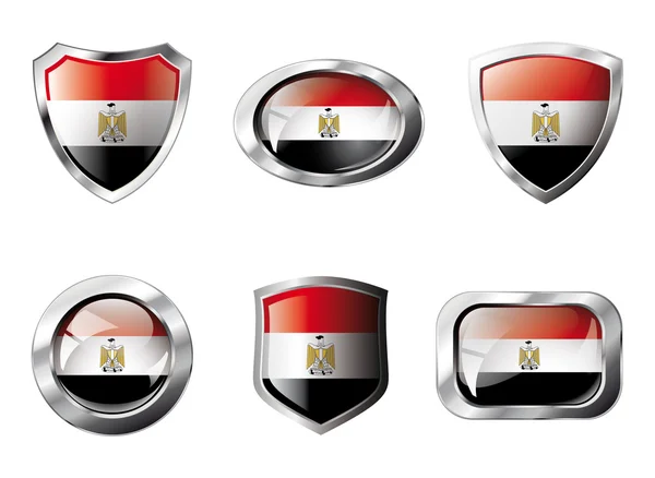 Egito definir botões brilhantes e escudos de bandeira com moldura de metal - v — Vetor de Stock