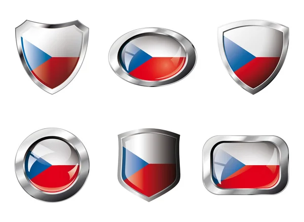 Czech set shiny buttons and shields of flag with metal frame - v — Stock Vector