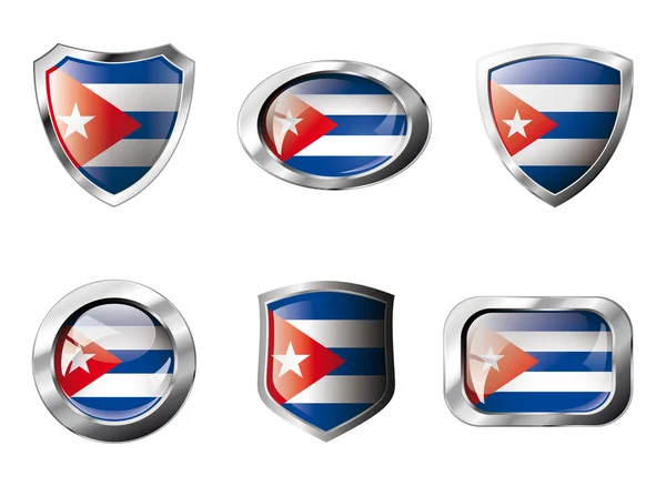Küba parlak düğmeler ve bayrağı ile metal çerçeve - ve kalkanları ayarla — Stockvector