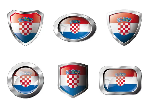 Hırvatistan metal çerçeveli parlak düğmeler ve bayrak kalkanları belirledi - — Stok Vektör