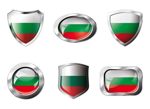 Bulgaria set shiny buttons and shields of flag with metal frame — Stock Vector