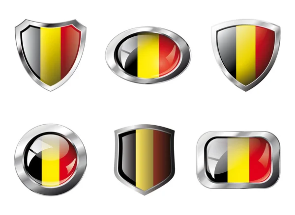 比利时设置闪亮的按钮和盾牌的旗帜与金属框架 - — 图库矢量图片