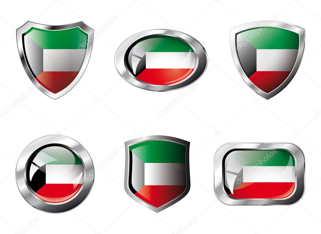 Kuwait set shiny buttons and shields of flag with metal frame -