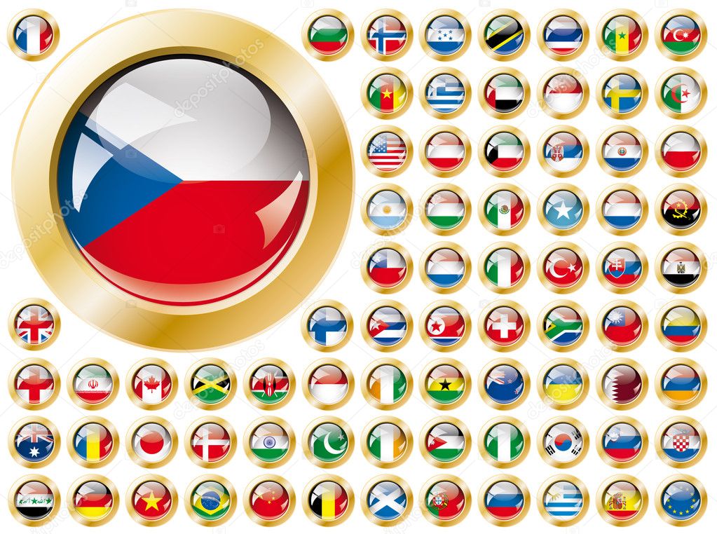 Shiny button flags with golden frame collection - vector illust