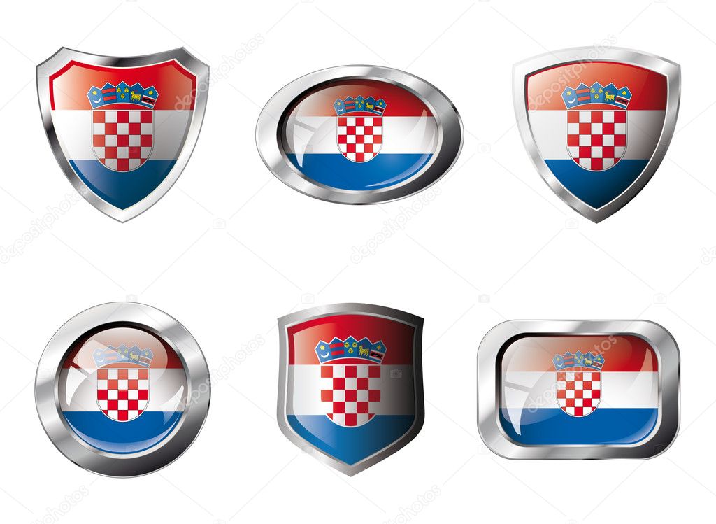 Croatia set shiny buttons and shields of flag with metal frame -
