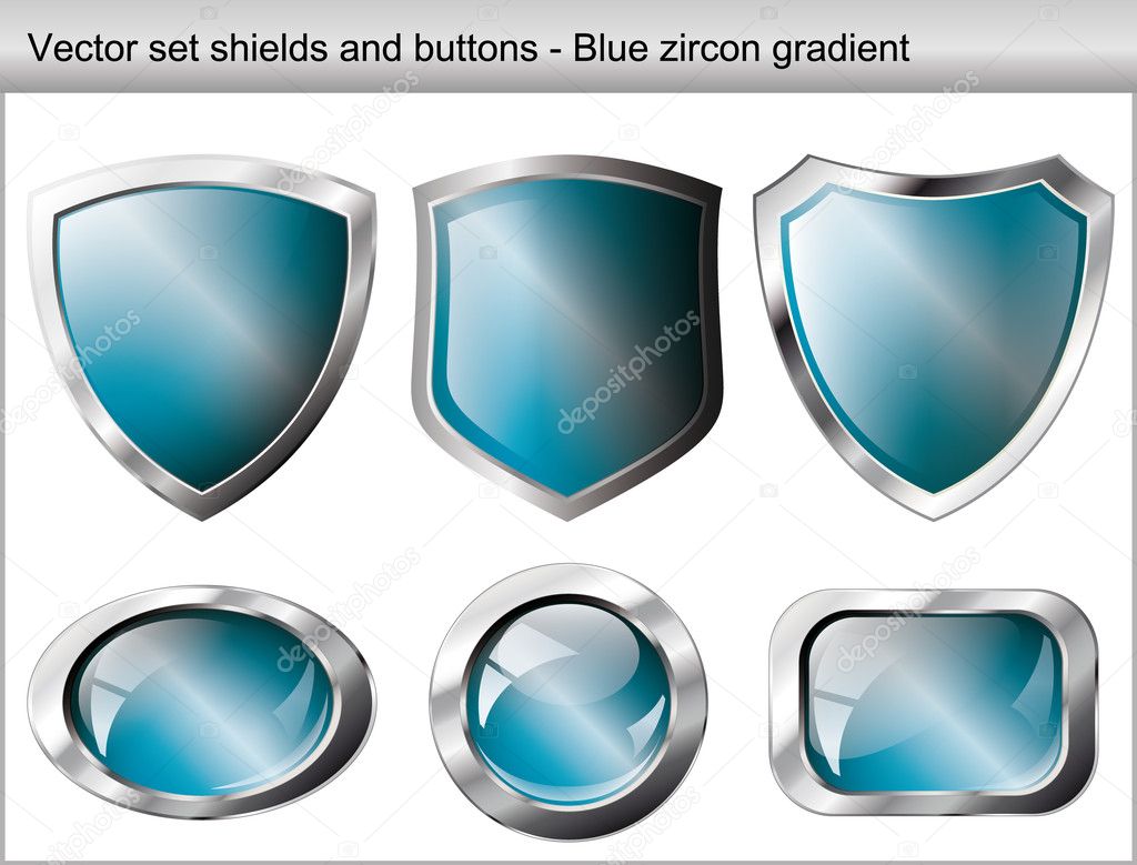 Vector illustration set. Shiny and glossy shield and button with