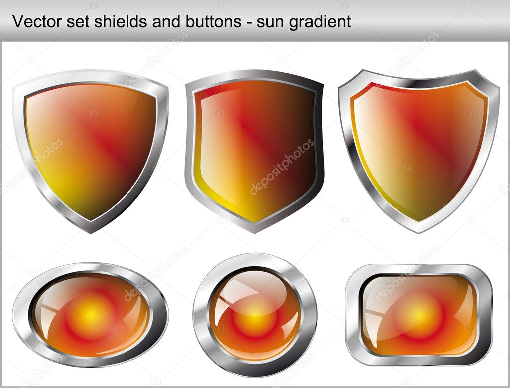 Vector illustration set. Shiny and glossy shield and button with