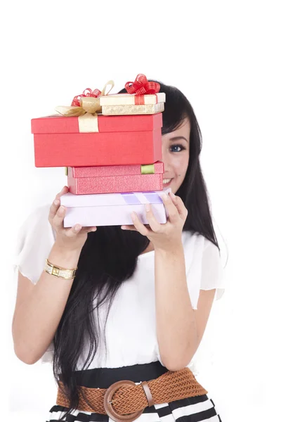 Asian Woman with Christmas Gift — Stock Photo, Image