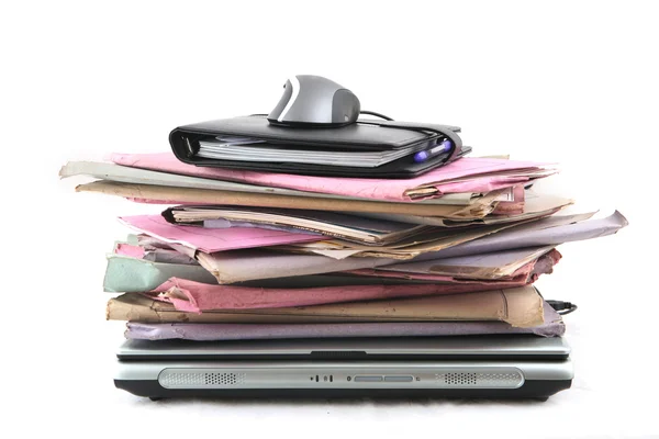 Stack of Folders with laptop and Mouse — Stock Photo, Image