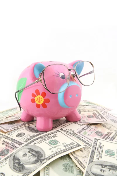 Piggy bank wearing glasses — Stock Photo, Image