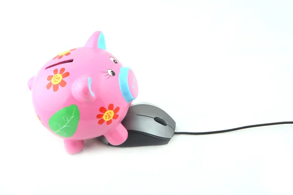 Piggy bank és számítógép egér — Stock Fotó