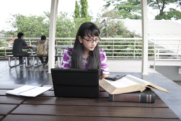 Atractiva estudiante asiática trabajando en sus tareas —  Fotos de Stock