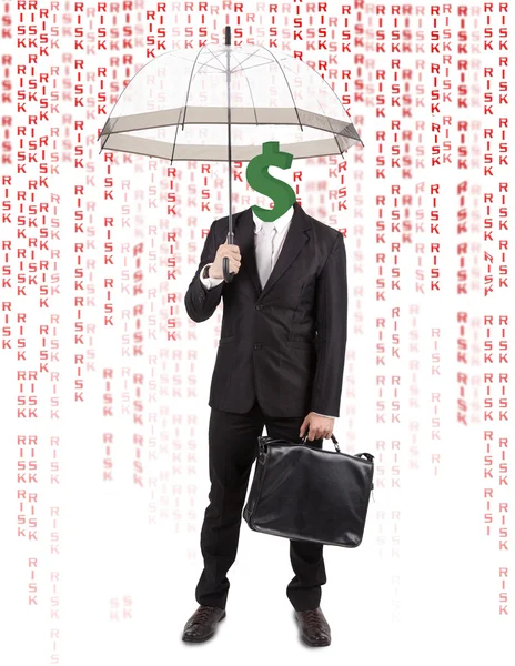 Mänskliga huvudet med dollar symbol bära paraply — Stockfoto