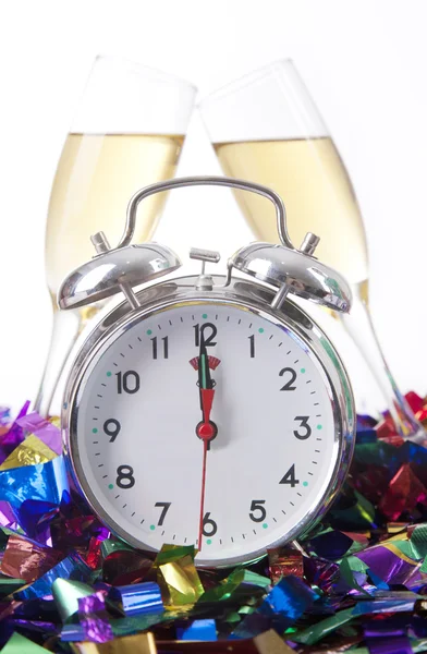 Alarm Clock with Champagne Glass — Stock Photo, Image