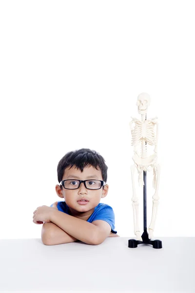 Ragazzo con modello di scheletro umano — Foto Stock