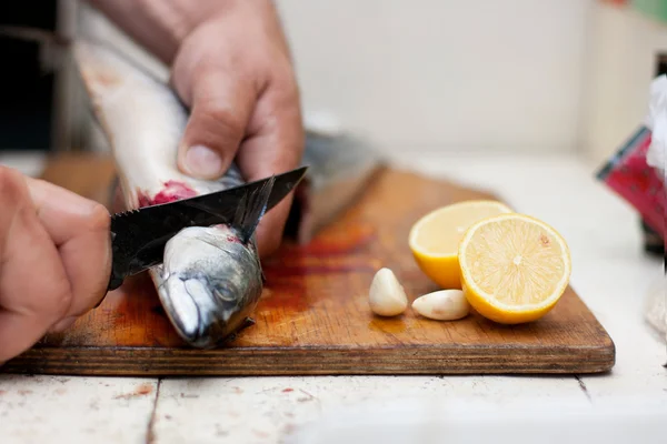 Fishermen cleaning and filleting a fresh caught fish — Stock Photo, Image