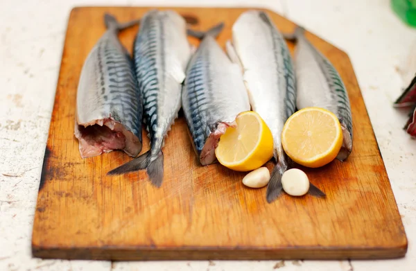 Fish carcass with spices on wooden hardboard, prepared for cooki — Stock Photo, Image
